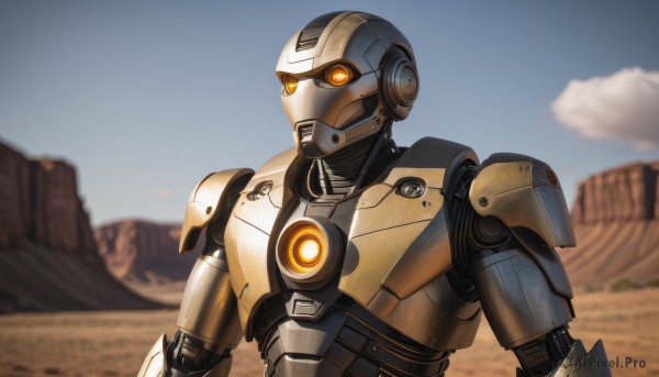 solo,1boy,upper body,male focus,outdoors,sky,day,blurry,orange eyes,no humans,blurry background,glowing,robot,mecha,glowing eyes,science fiction,looking ahead,desert,humanoid robot,yellow eyes,cloud,blue sky,looking to the side,portrait,realistic,power armor