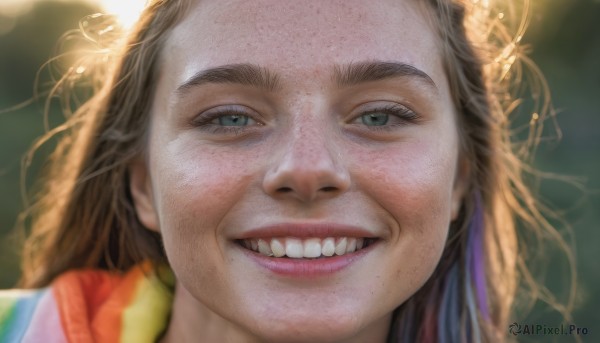 1girl,solo,long hair,looking at viewer,smile,open mouth,blue eyes,brown hair,1boy,male focus,teeth,grin,blurry,lips,blurry background,portrait,close-up,freckles,realistic,nose,hair ornament,green eyes,eyelashes