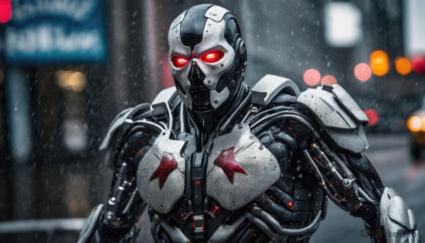 solo,red eyes,1boy,upper body,weapon,male focus,sword,armor,blurry,blurry background,glowing,helmet,robot,glowing eyes,science fiction,rain,city,police,cyborg,power armor,power suit,arm blade,looking at viewer,star (symbol),depth of field,realistic,android,cyberpunk