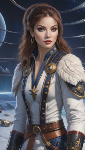 1girl,solo,long hair,breasts,looking at viewer,brown hair,gloves,long sleeves,brown eyes,jewelry,upper body,weapon,earrings,sky,belt,lips,coat,fur trim,makeup,wavy hair,moon,lipstick,star (sky),eyeshadow,starry sky,hoop earrings,nose,white coat,red lips,eyeliner,space,planet,earth (planet),spacecraft,closed mouth,standing,ponytail,artist name,star (symbol),realistic,brown belt