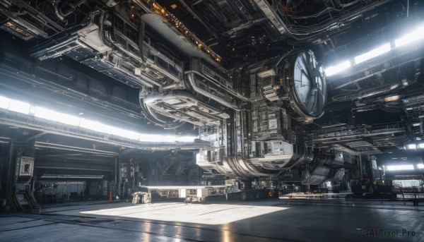 indoors,no humans,window,sunlight,building,scenery,science fiction,light rays,clock,light,train station,signature,machinery,realistic,spacecraft,reflective floor