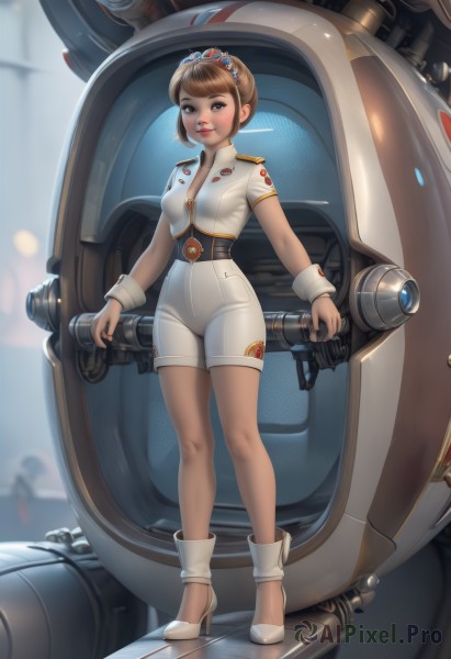 1girl,solo,breasts,looking at viewer,short hair,bangs,brown hair,brown eyes,standing,full body,short sleeves,small breasts,boots,parted lips,shoes,shorts,uniform,high heels,lips,wrist cuffs,military,bodysuit,white footwear,tiara,robot,mecha,science fiction,realistic,spacecraft,spacesuit,blush,smile