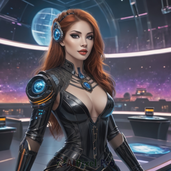 1girl,solo,long hair,breasts,looking at viewer,blue eyes,large breasts,brown hair,hair ornament,gloves,cleavage,jewelry,medium breasts,earrings,parted lips,belt,necklace,orange hair,armor,mole,lips,bodysuit,makeup,lipstick,science fiction,realistic,nose,center opening,red lips,dress,red hair,black dress,grey eyes