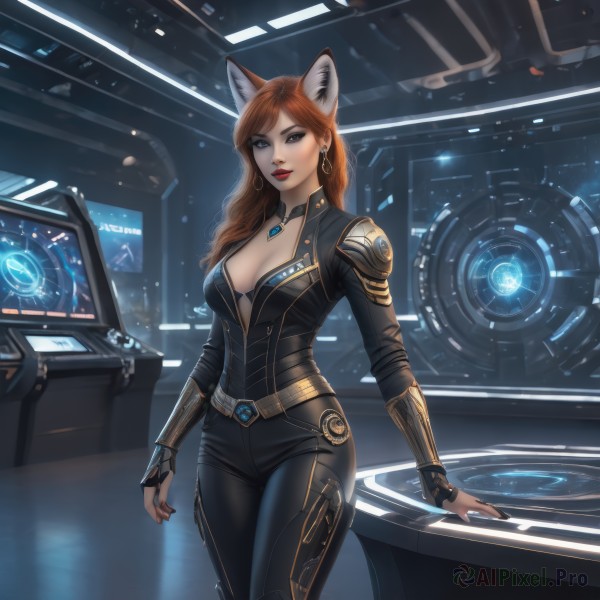 1girl,solo,long hair,breasts,looking at viewer,blue eyes,large breasts,brown hair,animal ears,cleavage,brown eyes,jewelry,medium breasts,underwear,standing,cowboy shot,earrings,choker,belt,artist name,indoors,cat ears,necklace,nail polish,bra,orange hair,armor,mole,lips,fox ears,bodysuit,makeup,lipstick,gem,black nails,eyeshadow,science fiction,black bodysuit,red lips,eyeliner,monitor,bangs,red hair,pants,grey eyes,black pants,fox girl,black bra,hoop earrings,realistic,screen,open bodysuit