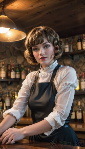 1girl,solo,looking at viewer,short hair,bangs,brown hair,shirt,long sleeves,dress,brown eyes,jewelry,white shirt,upper body,parted lips,indoors,mole,blurry,apron,lips,see-through,makeup,blurry background,wavy hair,ring,bottle,alcohol,curly hair,realistic,nose,bar (place),black apron,counter,breasts,blue eyes,green eyes,cup,lipstick,lamp,wine bottle,ceiling light