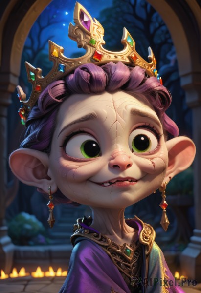 1girl,solo,looking at viewer,smile,short hair,dress,jewelry,green eyes,upper body,pink hair,purple hair,earrings,outdoors,parted lips,teeth,pointy ears,artist name,necklace,blurry,tree,lips,night,blurry background,crown,gem,portrait,forehead,veins,wide-eyed,candle,biting,lip biting,buck teeth,old woman,sky,hair bun,fangs,watermark,single hair bun,tiara,child,night sky,female child