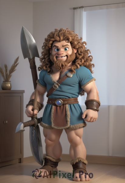 solo,long hair,looking at viewer,smile,open mouth,blue eyes,brown hair,shirt,1boy,holding,standing,full body,weapon,short sleeves,:d,male focus,barefoot,teeth,belt,indoors,holding weapon,muscular,toes,facial hair,sandals,plant,polearm,messy hair,wristband,clenched hand,beard,toenails,curly hair,mustache,potted plant,bracer,axe,male child,holding polearm,fat,chest hair,leg hair,holding axe,arm hair,tunic,artist name,watermark,blue shirt,curtains,web address,spear