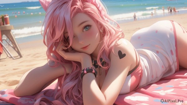 1girl,solo,long hair,breasts,looking at viewer,blush,smile,bangs,blue eyes,animal ears,cleavage,bare shoulders,jewelry,closed mouth,swimsuit,pink hair,ass,braid,heart,bikini,earrings,outdoors,lying,one eye closed,solo focus,day,artist name,water,hair over one eye,blurry,bracelet,aqua eyes,cup,lips,one-piece swimsuit,fox ears,tattoo,makeup,depth of field,blurry background,ocean,umbrella,chair,beach,table,on stomach,towel,watch,head rest,pink lips,sand,wristwatch,arm tattoo,heart earrings,beach umbrella,heart tattoo,beach towel,lounge chair,large breasts,dress,hair between eyes,medium breasts,sky,head on hand