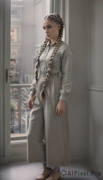 1girl,solo,long hair,looking at viewer,blue eyes,blonde hair,brown hair,shirt,long sleeves,dress,very long hair,closed mouth,standing,jacket,full body,braid,boots,shoes,socks,pants,indoors,dark skin,blurry,twin braids,lips,blurry background,brown footwear,hair over shoulder,forehead,long skirt,realistic,door,grey pants,breasts,skirt,black hair,twintails,white shirt,multicolored hair,parted lips,collared shirt,two-tone hair,window,shadow,low twintails,grey skirt,high-waist skirt,nose,multiple braids