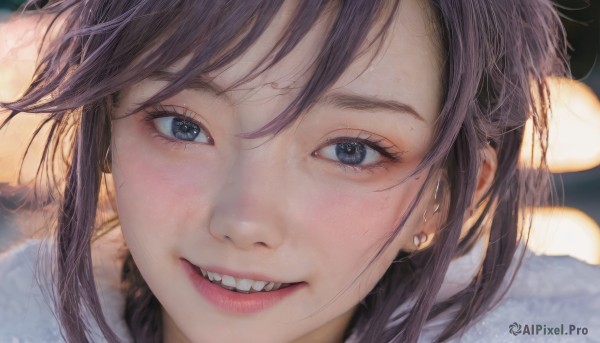 1girl,solo,looking at viewer,blush,smile,short hair,open mouth,bangs,blue eyes,brown hair,jewelry,purple hair,earrings,parted lips,teeth,grin,blurry,black eyes,lips,fur trim,eyelashes,depth of field,blurry background,piercing,portrait,close-up,realistic,nose,stud earrings,long hair,black hair,grey eyes,fangs,upper teeth only,messy hair