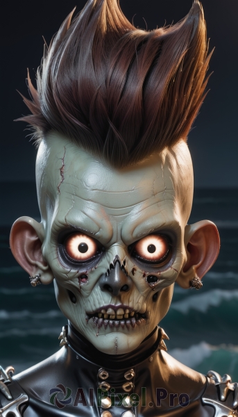 solo,looking at viewer,short hair,brown hair,red eyes,1boy,jewelry,collarbone,male focus,earrings,teeth,collar,colored skin,ocean,scar,piercing,spiked hair,ear piercing,portrait,scar on face,spikes,veins,wide-eyed,leather,stitches,spiked collar,zombie,horror (theme),mohawk,skull earrings,pointy ears,blood,clenched teeth,skull,realistic