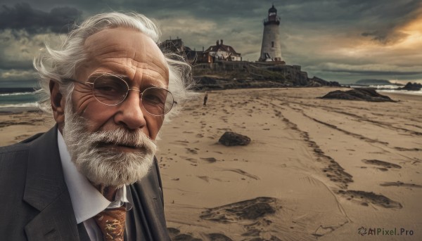 solo,shirt,1boy,jacket,weapon,white hair,male focus,outdoors,necktie,sky,glasses,cloud,gun,facial hair,beach,formal,sunglasses,cloudy sky,suit,building,rifle,beard,realistic,round eyewear,mustache,sand,manly,old,old man,desert,looking at viewer,closed mouth,white shirt,upper body,collared shirt,black jacket,scar,wing collar,scenery,black necktie,scar on face,brown necktie