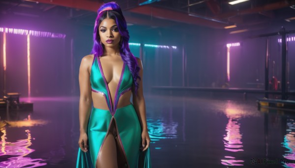 1girl,solo,long hair,breasts,looking at viewer,smile,skirt,black hair,dress,cleavage,bare shoulders,medium breasts,standing,purple eyes,collarbone,purple hair,multicolored hair,cowboy shot,sleeveless,alternate costume,indoors,signature,dark skin,water,nail polish,mole,two-tone hair,dark-skinned female,lips,bare arms,pubic hair,mole under eye,no bra,makeup,no panties,female pubic hair,lipstick,revealing clothes,breasts apart,wading,eyeshadow,reflection,asymmetrical hair,nose,center opening,arms at sides,pool,eyeliner,purple lips,pussy,alternate hairstyle,night,long skirt,realistic,unzipped,neon lights