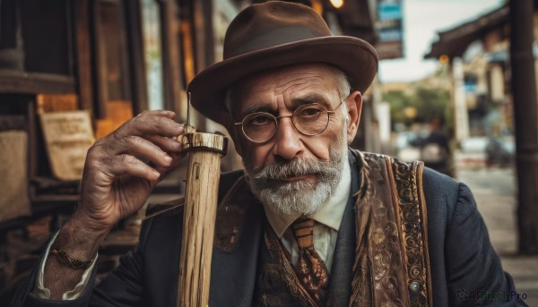 solo,looking at viewer,smile,shirt,long sleeves,1boy,hat,holding,closed mouth,jacket,upper body,weapon,white hair,grey hair,male focus,outdoors,necktie,glasses,day,collared shirt,hand up,blurry,vest,gun,tattoo,depth of field,blurry background,facial hair,formal,suit,beard,realistic,round eyewear,mustache,brown headwear,old,old man,brown necktie,sunglasses,yellow necktie