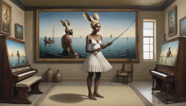 1girl,breasts,1boy,dress,animal ears,bare shoulders,jewelry,medium breasts,sitting,barefoot,indoors,dark skin,water,white dress,rabbit ears,dark-skinned female,window,ocean,watercraft,very dark skin,boat,painting (object),fishing rod,fishing,viera,bracelet,makeup,fruit,instrument,couch,ears through headwear,fine art parody