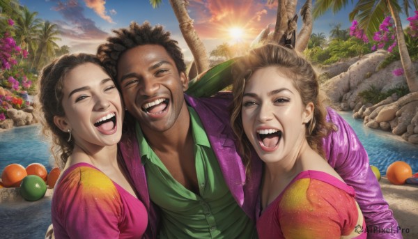 long hair,breasts,looking at viewer,smile,open mouth,multiple girls,brown hair,shirt,black hair,1boy,2girls,brown eyes,jewelry,jacket,closed eyes,upper body,flower,:d,earrings,outdoors,one eye closed,multiple boys,open clothes,sky,teeth,tongue,collared shirt,cloud,dark skin,2boys,water,black eyes,dark-skinned female,tree,ocean,fangs,happy,dark-skinned male,ball,curly hair,pink shirt,sunset,hoop earrings,rock,realistic,green shirt,palm tree,sun,purple shirt,family,very dark skin,husband and wife,hawaiian shirt,dress,day,fruit,sunlight,;d,cloudy sky,heads together,river,cheek-to-cheek