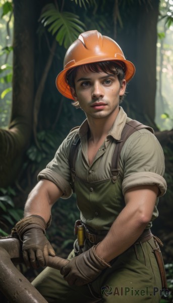 solo,looking at viewer,short hair,brown hair,shirt,black hair,hair ornament,gloves,1boy,hat,holding,closed mouth,white shirt,short sleeves,male focus,outdoors,parted lips,day,collared shirt,belt,blurry,black eyes,tree,lips,blurry background,facial hair,helmet,nature,grey shirt,brown gloves,sleeves rolled up,forest,freckles,realistic,nose,overalls,dirty,dirty face,pickaxe,hardhat,blue eyes,green shirt