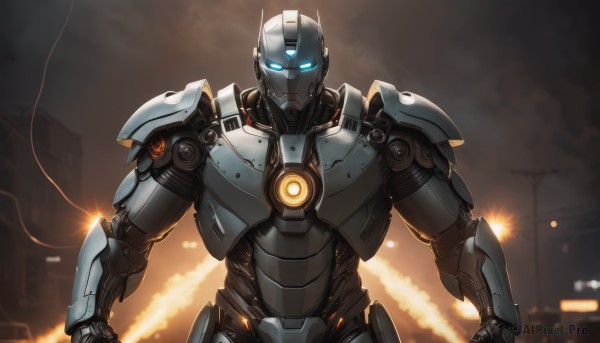 solo,looking at viewer,blue eyes,1boy,upper body,male focus,armor,blurry,no humans,glowing,robot,building,mecha,glowing eyes,smoke,science fiction,city,cable,explosion,straight-on,power armor,lights,clenched hands,realistic