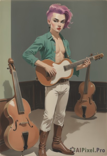 1girl,solo,breasts,looking at viewer,short hair,shirt,cleavage,brown eyes,jewelry,medium breasts,standing,full body,pink hair,purple hair,earrings,small breasts,boots,open clothes,belt,pants,lips,open shirt,no bra,makeup,shadow,brown footwear,lipstick,instrument,white pants,guitar,playing instrument,holding instrument,collarbone,jacket,indoors,open jacket,buttons,realistic,music,unbuttoned,red lips,very short hair,undercut,no shirt