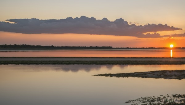 outdoors,sky,cloud,water,tree,no humans,ocean,cloudy sky,scenery,reflection,sunset,sun,horizon,evening,lake,gradient sky,orange sky,reflective water,yellow sky,mountain,road