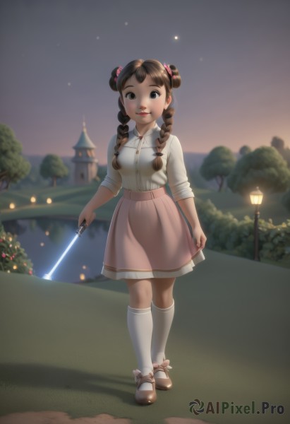 1girl,solo,long hair,breasts,looking at viewer,smile,bangs,skirt,brown hair,shirt,hair ornament,bow,holding,brown eyes,standing,full body,white shirt,weapon,braid,outdoors,parted lips,sky,shoes,socks,collared shirt,sword,artist name,hair bun,holding weapon,blurry,black eyes,twin braids,tree,lips,kneehighs,double bun,night,blurry background,brown footwear,holding sword,scrunchie,white socks,pink bow,building,star (sky),night sky,hair over shoulder,sleeves rolled up,pink skirt,female child,bush,lamppost,glowing weapon,energy sword,glowing sword,lightsaber,realistic