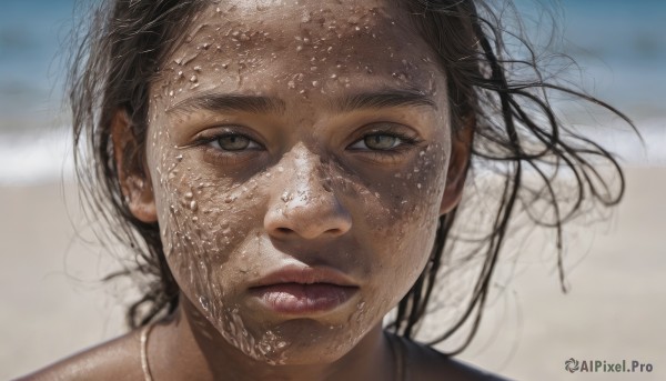 1girl,solo,looking at viewer,short hair,brown hair,black hair,brown eyes,closed mouth,outdoors,parted lips,day,water,blurry,lips,wet,grey eyes,floating hair,depth of field,blurry background,expressionless,wind,messy hair,portrait,realistic,dirty,long hair,jewelry,sky,necklace,beach,close-up,freckles,sand,dirty face