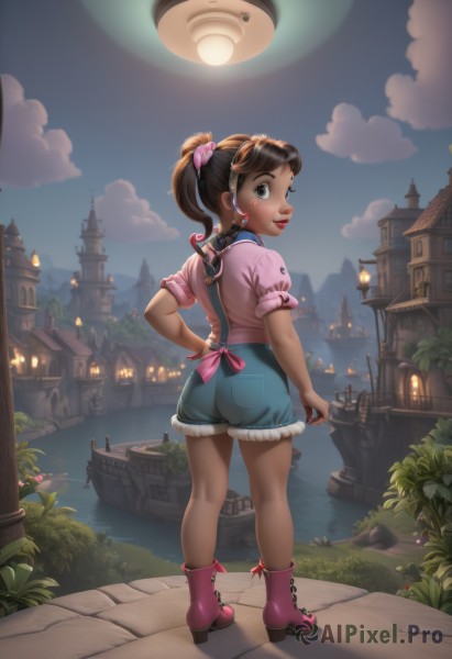 1girl,solo,long hair,looking at viewer,smile,brown hair,shirt,bow,brown eyes,jewelry,standing,full body,ponytail,ass,short sleeves,heart,earrings,boots,outdoors,sky,shorts,day,looking back,cloud,dark skin,water,from behind,black eyes,high heels,dark-skinned female,lips,hand on hip,fur trim,short shorts,makeup,night,moon,scrunchie,suspenders,high ponytail,denim,lipstick,building,child,denim shorts,pink shirt,nose,pink footwear,red lips,female child,ankle boots,overalls,purple footwear,bridge,castle,tower,suspender shorts,overall shorts,short hair,blue eyes,hair ornament,puffy sleeves,puffy short sleeves,blue shorts,lamppost,river