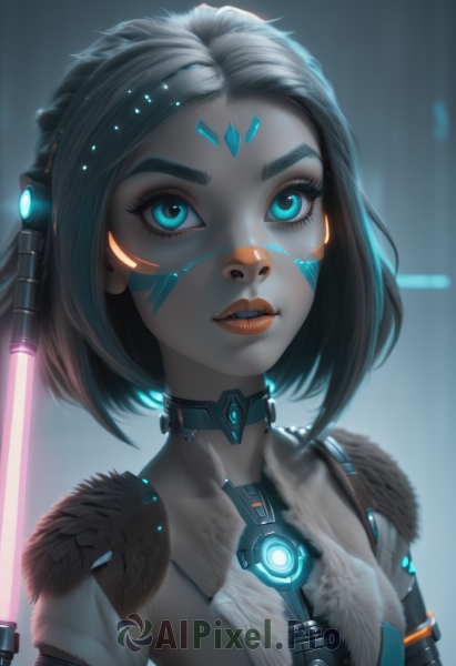 1girl,solo,breasts,looking at viewer,short hair,blue eyes,black hair,collarbone,upper body,weapon,grey hair,small breasts,parted lips,choker,sword,artist name,aqua eyes,lips,fur trim,eyelashes,makeup,glowing,headgear,facial mark,lipstick,forehead,eyeshadow,science fiction,fur collar,nose,android,red lips,facepaint,mechanical arms,cyborg,single mechanical arm,robot joints,neon trim,energy sword,cyberpunk,lightsaber,teeth,watermark,portrait,glowing eyes,web address,eyeliner