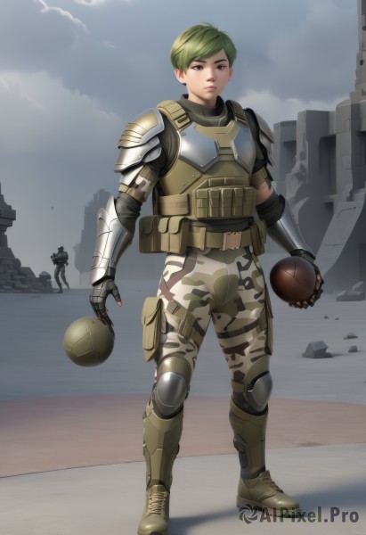 1girl,solo,looking at viewer,short hair,gloves,1boy,holding,brown eyes,standing,full body,weapon,male focus,boots,outdoors,green hair,sky,solo focus,pants,cloud,armor,uniform,lips,military,military uniform,cloudy sky,gauntlets,ball,pouch,realistic,knee pads,ruins,shoulder pads,camouflage,explosive,elbow pads,helmet removed,soldier,load bearing vest,bulletproof vest,camouflage pants,body armor,belt,helmet