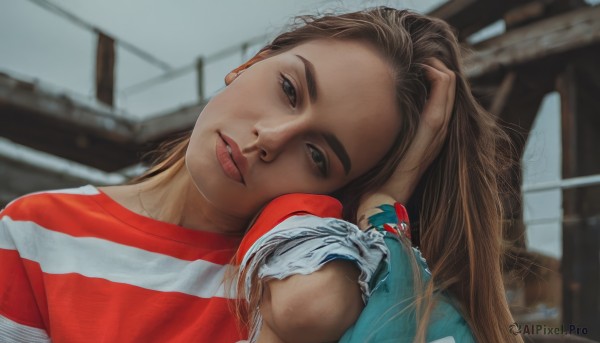 1girl,solo,long hair,looking at viewer,brown hair,shirt,brown eyes,jewelry,upper body,short sleeves,outdoors,parted lips,day,striped,dark skin,blurry,black eyes,bracelet,dark-skinned female,lips,head tilt,torn clothes,dutch angle,depth of field,blurry background,denim,red shirt,freckles,hand in own hair,striped shirt,realistic,nose,adjusting hair,watercraft,hand on own head,teeth,thick eyebrows,jeans,soccer uniform,photo background