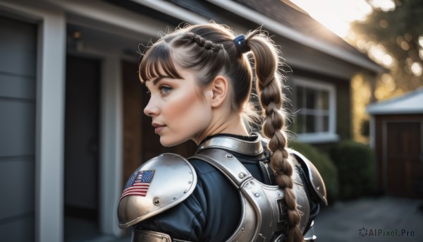 1girl,solo,long hair,bangs,blue eyes,brown hair,hair ornament,twintails,upper body,braid,outdoors,parted lips,looking back,from behind,armor,blurry,uniform,twin braids,lips,profile,depth of field,blurry background,shoulder armor,building,pauldrons,breastplate,realistic,nose,hair tie,shoulder pads,police,police uniform,american flag,looking at viewer,day,window