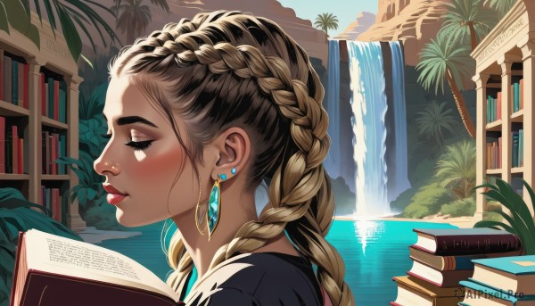 1girl,solo,long hair,blush,blonde hair,brown hair,holding,jewelry,closed mouth,closed eyes,braid,multicolored hair,earrings,day,dark skin,water,twin braids,from side,two-tone hair,dark-skinned female,tree,lips,book,eyelashes,profile,makeup,thick eyebrows,plant,lipstick,portrait,holding book,open book,nose,palm tree,bookshelf,red lips,reading,book stack,waterfall,library,multiple braids,shirt,brown eyes,outdoors,artist name,indoors,black shirt,piercing,sunlight,ear piercing,eyeshadow,crown braid