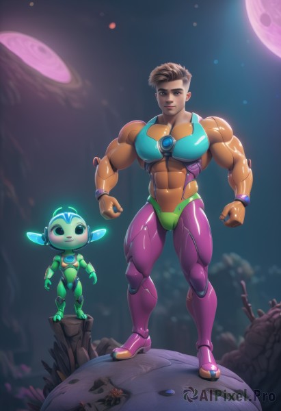 1girl,looking at viewer,short hair,brown hair,1boy,standing,full body,male focus,dark skin,armor,lips,bodysuit,muscular,glowing,thick thighs,abs,thick eyebrows,pectorals,robot,muscular male,bara,skin tight,clenched hands,science fiction,rock,muscular female,space,planet,biceps,alien,power armor,neon trim,smile,brown eyes,closed mouth,large pectorals