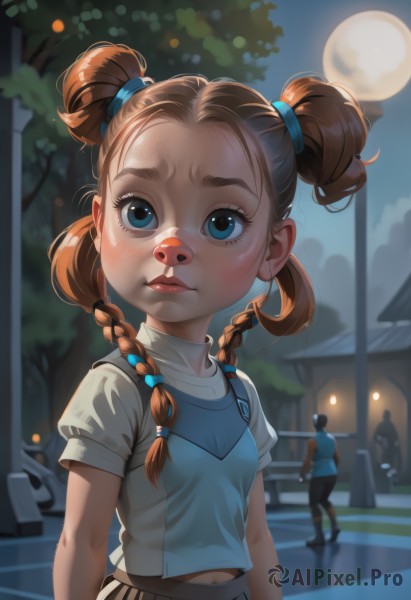 1girl,long hair,blue eyes,brown hair,shirt,hair ornament,1boy,navel,twintails,closed mouth,white shirt,upper body,braid,short sleeves,outdoors,sky,solo focus,midriff,pants,blurry,twin braids,tree,lips,night,blurry background,moon,blue shirt,child,night sky,forehead,full moon,freckles,nose,female child,midriff peek,lamppost,street,crosswalk,solo,breasts,looking at viewer,blush,skirt,small breasts,hair bun,double bun,short twintails