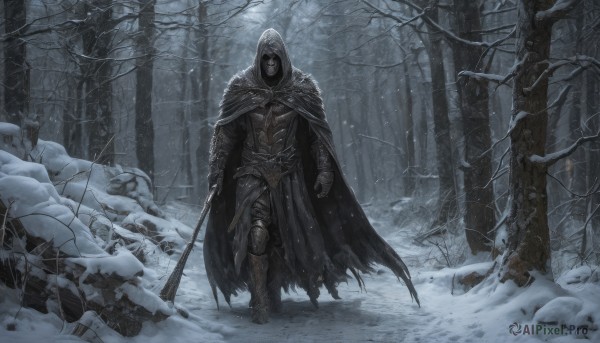 solo,gloves,1boy,holding,standing,weapon,male focus,boots,outdoors,belt,sword,hood,cape,holding weapon,armor,tree,torn clothes,mask,gauntlets,nature,cloak,snow,hood up,forest,walking,snowing,axe,winter,bare tree,full body,holding sword,knife,sheath,scenery,facing viewer,black cape,armored boots,greaves