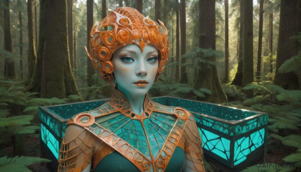 1girl,solo,breasts,looking at viewer,blue eyes,closed mouth,upper body,outdoors,artist name,tree,lips,makeup,colored skin,plant,lipstick,nature,eyeshadow,forest,science fiction,blue skin,animification,alien,orange skin,medium breasts,orange hair,leaf,portrait,headdress,green skin