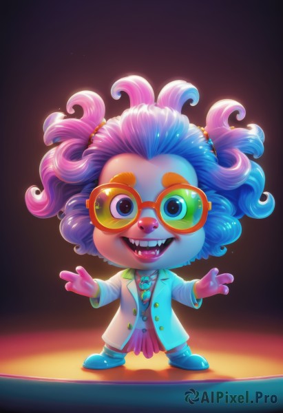 solo,looking at viewer,smile,open mouth,blue eyes,simple background,shirt,long sleeves,1boy,jewelry,blue hair,standing,full body,pink hair,purple hair,:d,male focus,multicolored hair,open clothes,necktie,shoes,glasses,teeth,tongue,collared shirt,pants,artist name,necklace,coat,gradient,buttons,colored skin,fangs,sunglasses,outstretched arms,furry,curly hair,blue footwear,multicolored eyes,labcoat,furry male,tinted eyewear,spotlight,buck teeth,1girl,short hair,hair ornament,twintails,jacket,boots,two-tone hair,lips,eyelashes,gradient hair,happy,blue shirt,child,red-framed eyewear,legs apart,hair tie,white coat,pink skin,pink-framed eyewear,aqua footwear