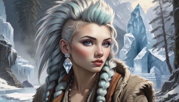 1girl,solo,long hair,looking at viewer,blue eyes,jewelry,blue hair,collarbone,braid,white hair,multicolored hair,earrings,outdoors,necklace,twin braids,tree,lips,coat,fur trim,eyelashes,makeup,lipstick,portrait,nature,snow,ice,crystal,mountain,nose,winter clothes,red lips,winter,multiple braids,upper body,parted lips,artist name,water,two-tone hair,hair over shoulder,forehead,eyeshadow,beads,hair slicked back,bead necklace,side braids,mascara