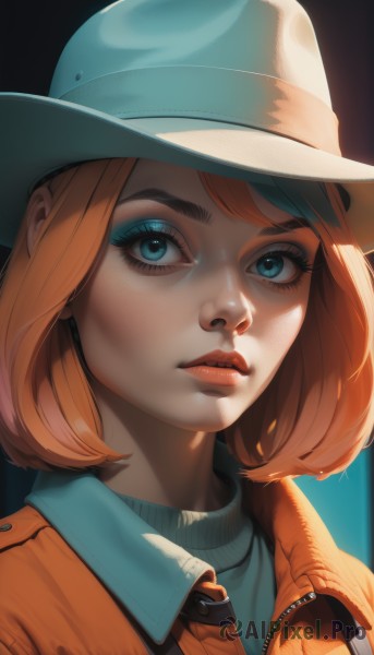 1girl,solo,looking at viewer,short hair,bangs,blue eyes,simple background,brown hair,shirt,hat,jacket,upper body,parted lips,collared shirt,artist name,medium hair,orange hair,lips,eyelashes,makeup,white headwear,thick eyebrows,lipstick,portrait,eyeshadow,zipper,freckles,nose,red lips,eyeliner,cowboy hat,closed mouth,aqua eyes,sweater,turtleneck,blue background,expressionless,backlighting,turtleneck sweater,realistic,mascara