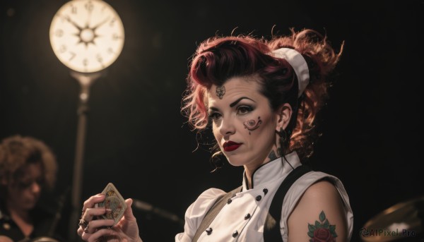 1girl,solo,looking at viewer,brown hair,shirt,black hair,holding,brown eyes,jewelry,closed mouth,white shirt,upper body,ponytail,flower,red hair,multicolored hair,earrings,sleeveless,solo focus,blurry,two-tone hair,lips,tattoo,makeup,buttons,depth of field,blurry background,facial mark,phone,ring,suspenders,lipstick,black background,freckles,clock,red lips,arm tattoo,facepaint,facial tattoo,instrument,realistic,card,nose,guitar