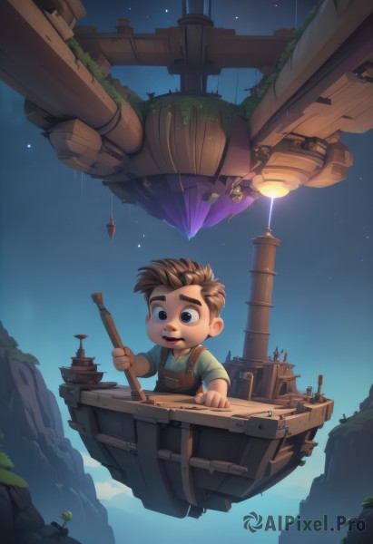 solo,smile,short hair,open mouth,brown hair,shirt,1boy,holding,brown eyes,short sleeves,male focus,outdoors,sky,teeth,black eyes,night,thick eyebrows,child,star (sky),night sky,starry sky,aircraft,green shirt,overalls,male child,spacecraft,floating island,airship,blue eyes,facial hair,blue overalls