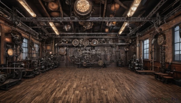 day,indoors,no humans,window,chair,table,sunlight,scenery,wooden floor,stairs,door,clock,gears,ceiling,steampunk,sky,lamp,candlestand,ceiling light,chandelier,wall clock