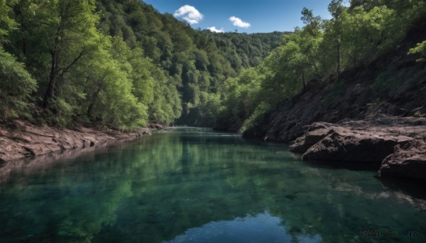 outdoors,sky,day,cloud,water,tree,blue sky,no humans,cloudy sky,nature,scenery,forest,reflection,river,landscape,lake,rock,reflective water