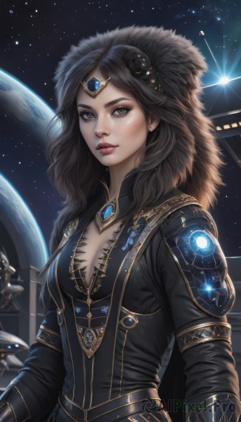 1girl,solo,long hair,breasts,looking at viewer,brown hair,black hair,hair ornament,long sleeves,cleavage,brown eyes,jewelry,medium breasts,upper body,parted lips,sky,artist name,signature,necklace,star (symbol),armor,lips,grey eyes,makeup,night,watermark,lipstick,gem,star (sky),starry sky,science fiction,circlet,realistic,nose,red lips,space,planet,earth (planet),spacecraft,constellation,galaxy,fur trim,bodysuit,tiara,web address