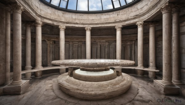 sky,day,cloud,indoors,blue sky,no humans,window,cloudy sky,scenery,wooden floor,architecture,pillar,carpet,arch,column,east asian architecture,statue,still life,round window