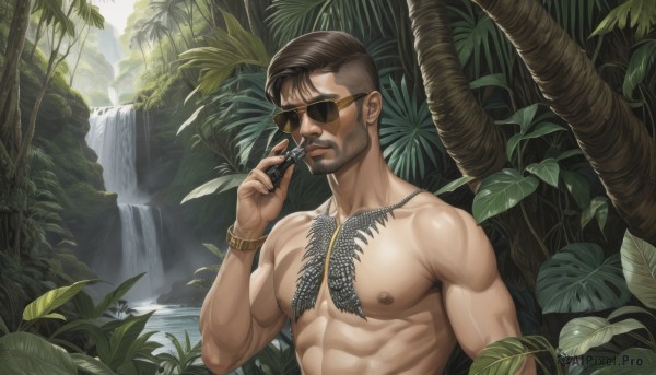 solo,looking at viewer,short hair,brown hair,black hair,1boy,holding,jewelry,nipples,upper body,male focus,outdoors,day,water,necklace,bracelet,tree,muscular,facial hair,leaf,abs,sunglasses,pectorals,plant,muscular male,nature,bara,beard,forest,large pectorals,topless male,mature male,manly,chest hair,waterfall,closed mouth,nude,undercut