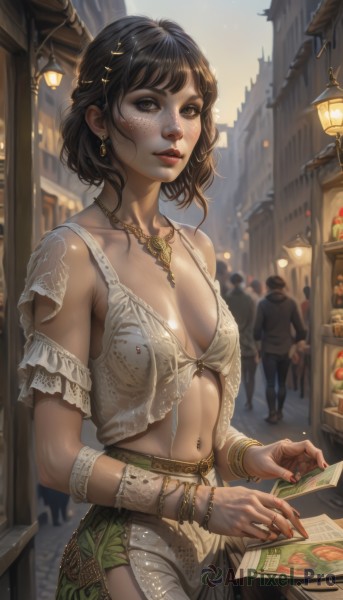 1girl,breasts,looking at viewer,short hair,bangs,skirt,brown hair,black hair,hair ornament,navel,holding,cleavage,bare shoulders,brown eyes,jewelry,medium breasts,collarbone,cowboy shot,earrings,small breasts,outdoors,parted lips,food,multiple boys,teeth,solo focus,midriff,necklace,nail polish,mole,blurry,bracelet,lips,fingernails,makeup,night,piercing,ring,building,revealing clothes,red nails,armlet,freckles,long fingernails,lantern,city,realistic,nose,red lips,bangle,navel piercing,money,people,mole on cheek,standing,lamp