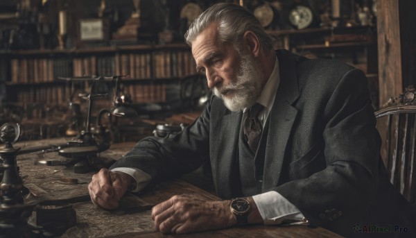 solo,short hair,shirt,long sleeves,1boy,sitting,closed mouth,jacket,white shirt,upper body,white hair,grey hair,male focus,necktie,collared shirt,indoors,blurry,vest,black jacket,book,blurry background,facial hair,chair,formal,table,suit,wing collar,black necktie,beard,watch,realistic,mustache,bookshelf,wristwatch,manly,old,old man,pocket watch,from side,depth of field,smoking,lamp,cigar