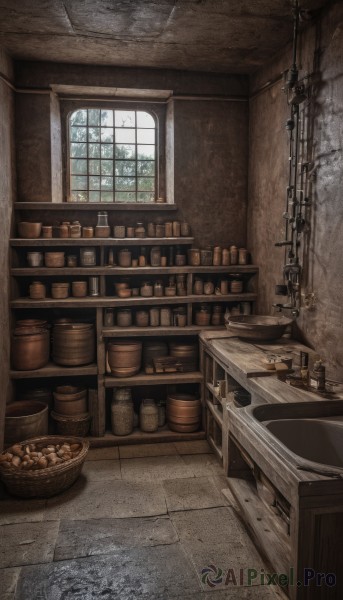 food,day,indoors,cup,no humans,window,table,bottle,scenery,basket,shelf,jar,barrel,tree,fantasy,candle,wall,candlestand,chandelier,stone wall