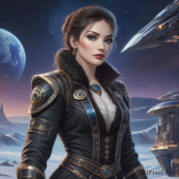 1girl,solo,long hair,breasts,looking at viewer,brown hair,gloves,long sleeves,brown eyes,jewelry,medium breasts,upper body,braid,earrings,outdoors,sky,belt,signature,necklace,armor,lips,coat,fur trim,eyelashes,makeup,night,watermark,moon,lipstick,gem,star (sky),night sky,snow,full moon,eyeshadow,starry sky,science fiction,fur collar,mountain,realistic,aircraft,nose,fantasy,red lips,eyeliner,space,planet,spacecraft,airship,short hair,closed mouth,jacket,artist name,black jacket,earth (planet)